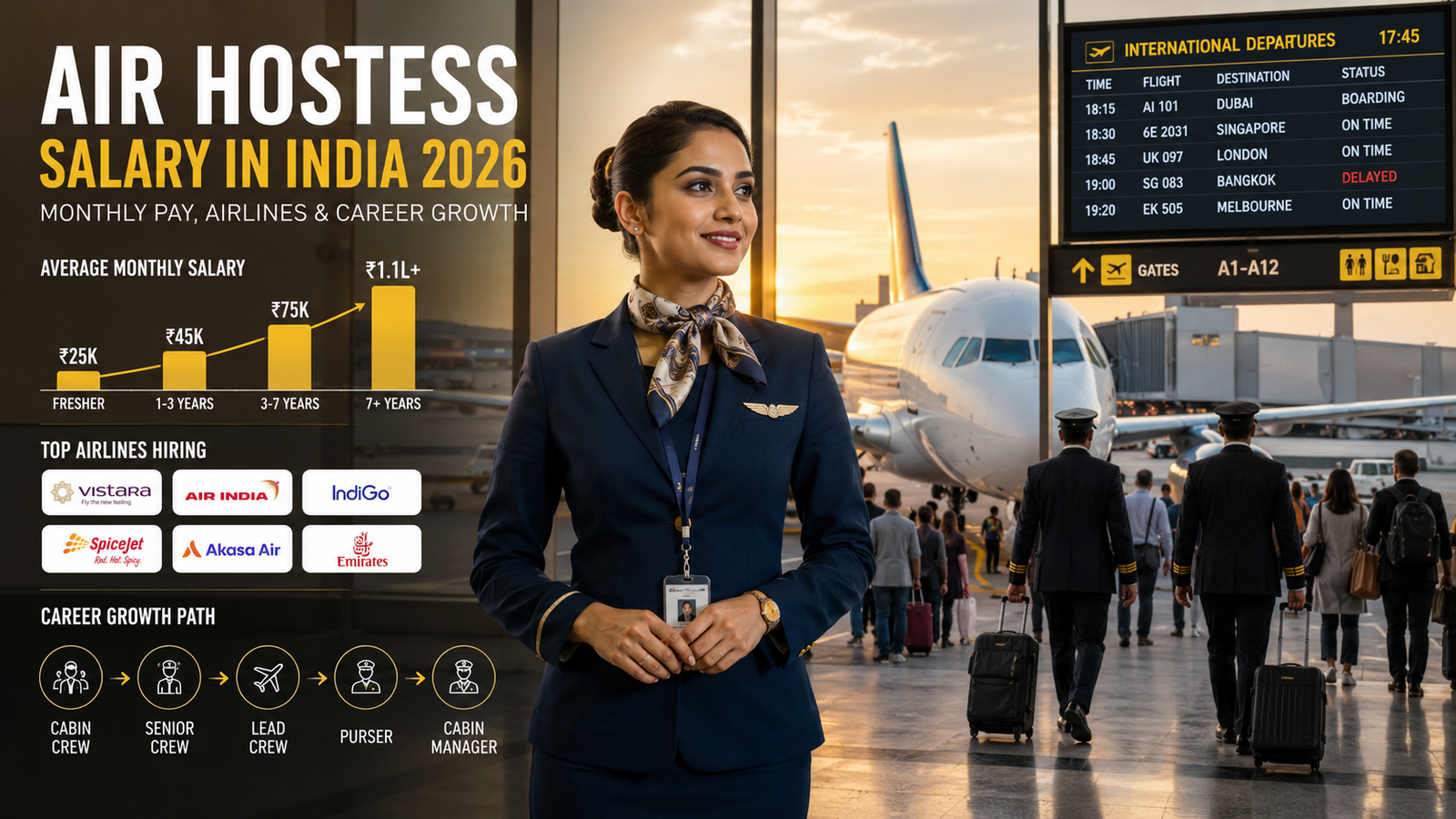 Indian air hostess salary in India 2026 showing airline pay and career growth opportunities