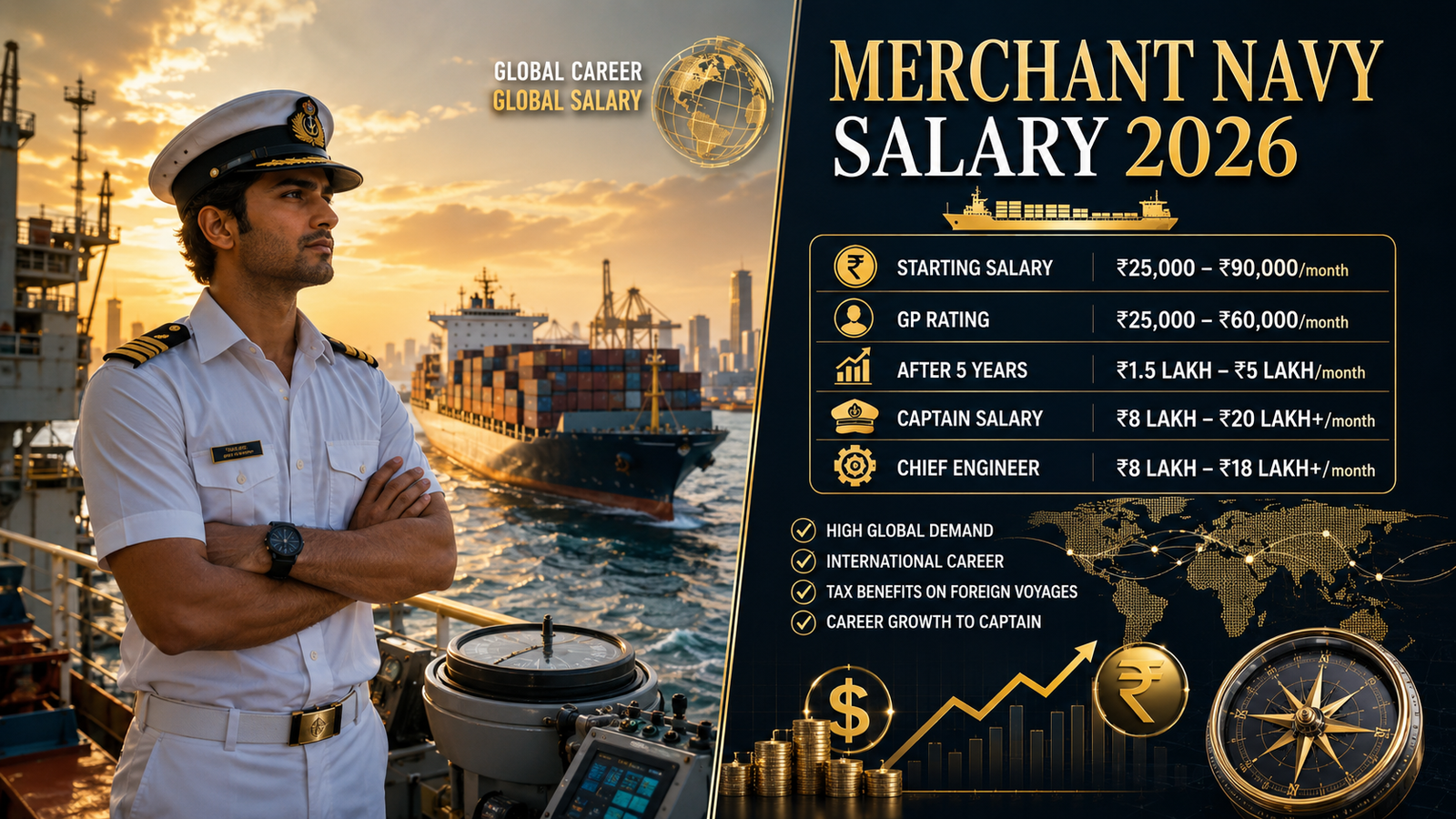 Merchant Navy Salary 2026 in India showing GP Rating salary, officer salary, captain salary, and career growth opportunities.