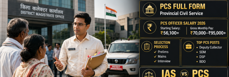 PCS Full Form 2026 infographic showing Provincial Civil Service salary, qualification, exam pattern, and IAS vs PCS comparison