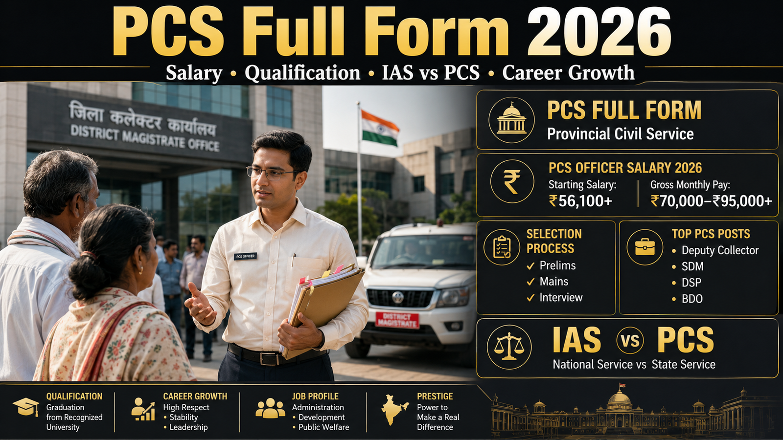 PCS Full Form 2026 infographic showing Provincial Civil Service salary, qualification, exam pattern, and IAS vs PCS comparison