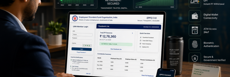 PF Passbook Online 2026 dashboard showing EPFO UAN login, Passbook Lite, balance check, and digital retirement savings management
