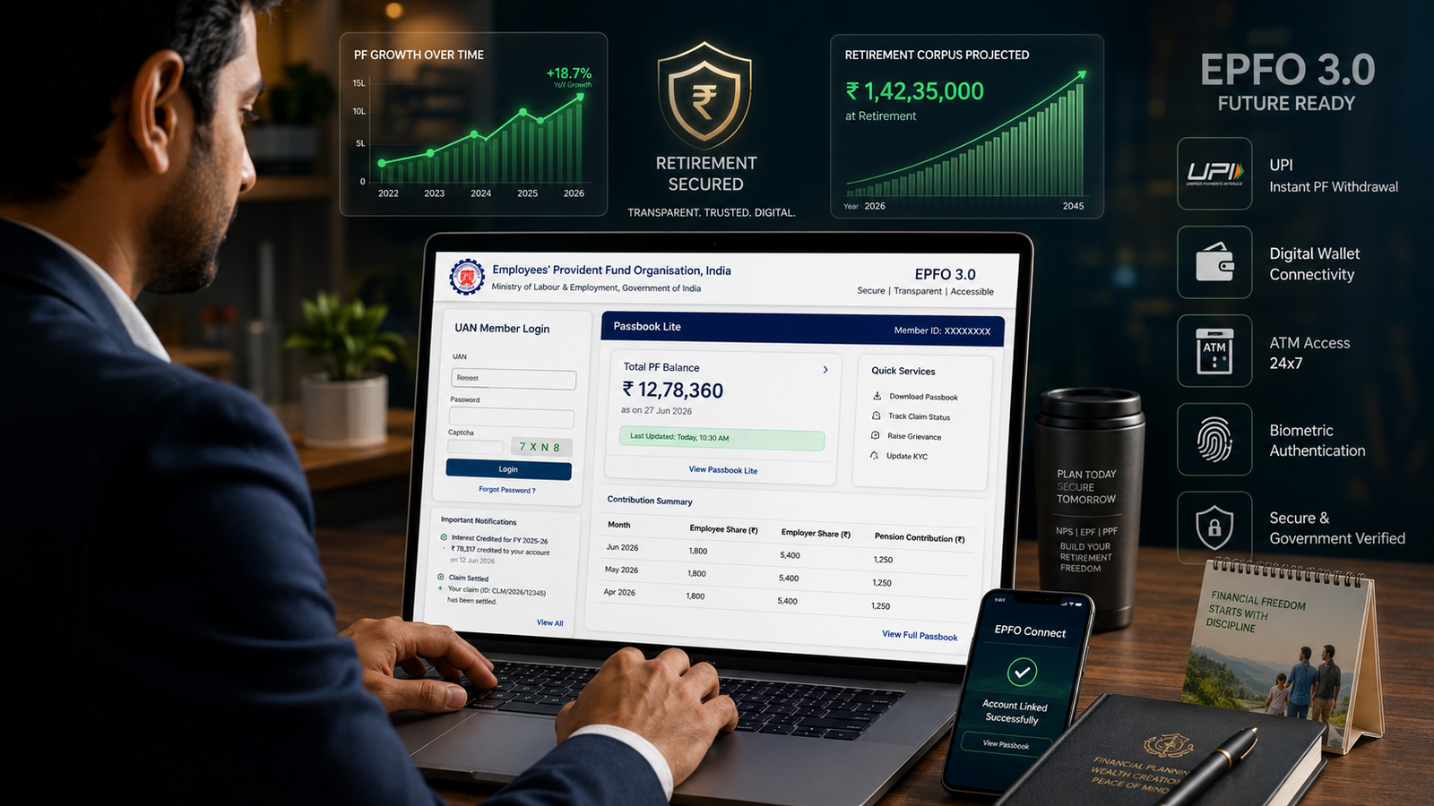 PF Passbook Online 2026 dashboard showing EPFO UAN login, Passbook Lite, balance check, and digital retirement savings management