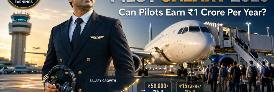 Commercial airline pilot standing in front of a passenger aircraft showing pilot salary in India 2026 and career growth.