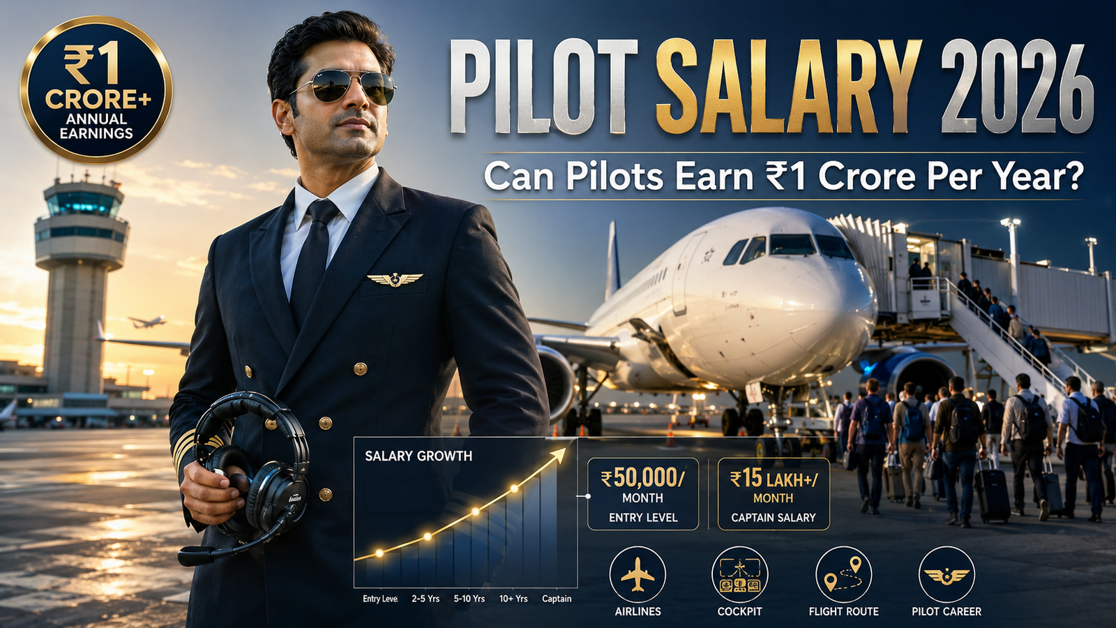 Commercial airline pilot standing in front of a passenger aircraft showing pilot salary in India 2026 and career growth.