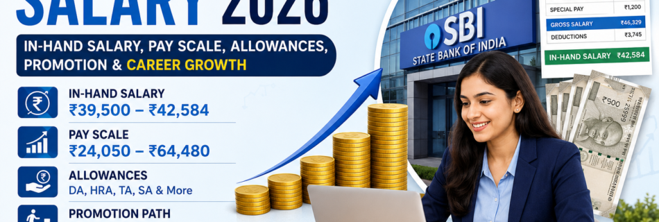 SBI Clerk Salary 2026 showing in-hand salary, pay scale, allowances, promotion path and career growth details