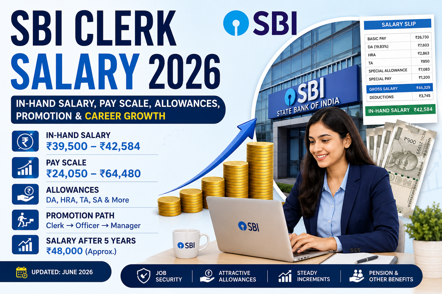 SBI Clerk Salary 2026 showing in-hand salary, pay scale, allowances, promotion path and career growth details