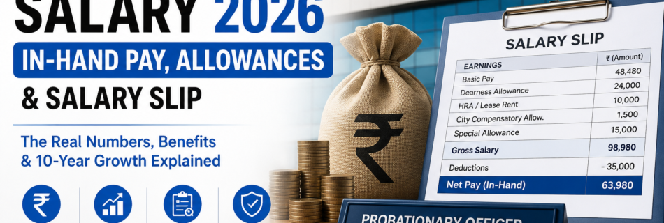 SBI PO Salary 2026 featured image showing in-hand salary, allowances, salary slip breakdown, and 10-year career growth for State Bank of India Probationary Officers.
