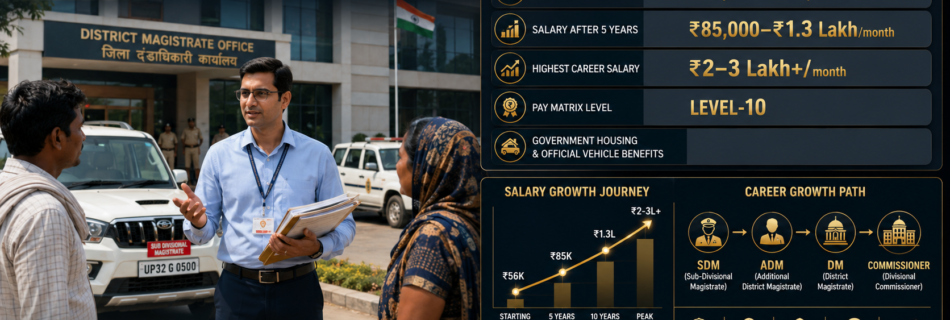 SDM Salary 2026 infographic showing Sub Divisional Magistrate pay scale, in-hand salary, promotion ladder, government benefits, and career growth in India.
