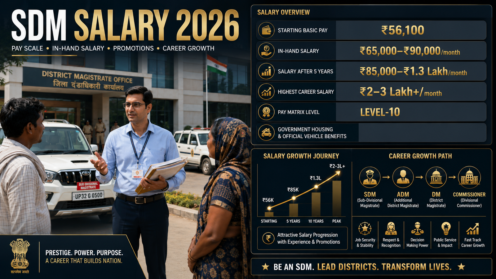 SDM Salary 2026 infographic showing Sub Divisional Magistrate pay scale, in-hand salary, promotion ladder, government benefits, and career growth in India.