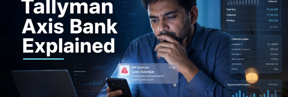 Tallyman Axis Bank system explained showing loan recovery process, overdue EMI notification, and financial tracking dashboard used for collections and calls.