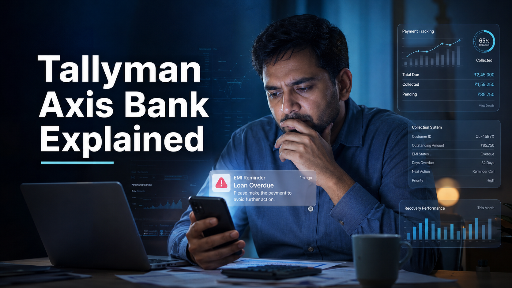 Tallyman Axis Bank system explained showing loan recovery process, overdue EMI notification, and financial tracking dashboard used for collections and calls.