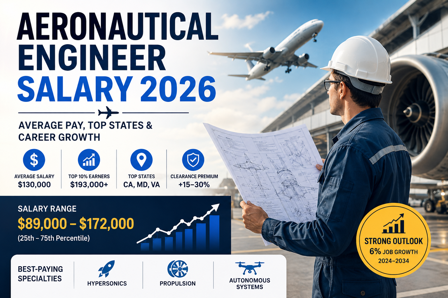 Aeronautical Engineer Salary 2026 showing average pay, top-paying states, career growth, and aerospace engineer with aircraft.
