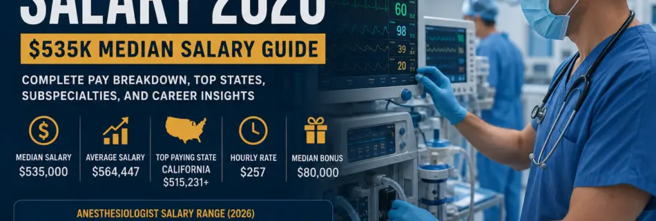 Anesthesiologist Salary 2026 showing $535K median salary, average pay, hourly rate, bonus, and U.S. compensation insights.