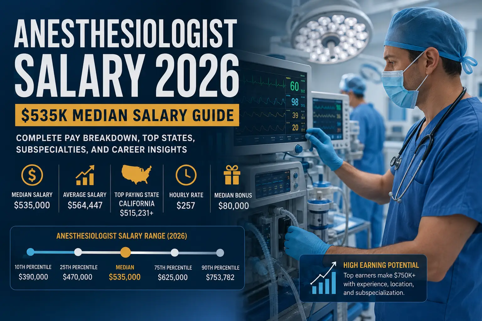 Anesthesiologist Salary 2026 showing $535K median salary, average pay, hourly rate, bonus, and U.S. compensation insights.