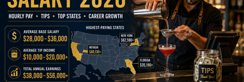 Professional bartender preparing cocktails in a modern bar with Bartender Salary 2026 showing hourly pay, tips, top-paying states and career growth in the United States.