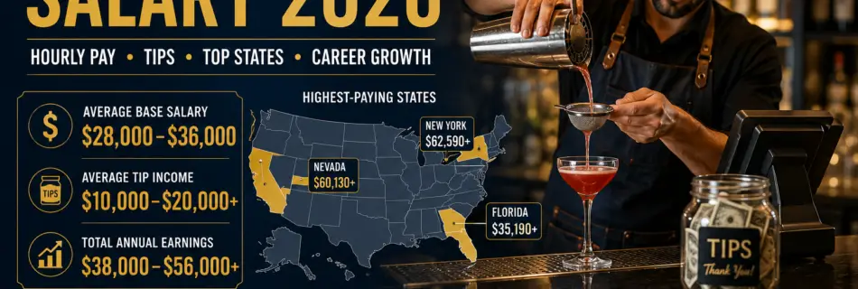 Professional bartender preparing cocktails in a modern bar with Bartender Salary 2026 showing hourly pay, tips, top-paying states and career growth in the United States.