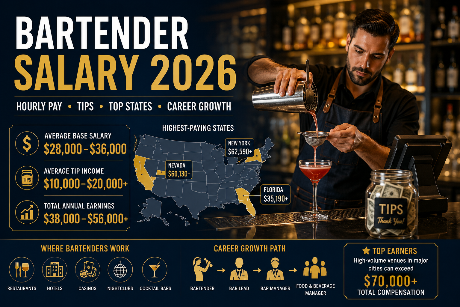 Professional bartender preparing cocktails in a modern bar with Bartender Salary 2026 showing hourly pay, tips, top-paying states and career growth in the United States.