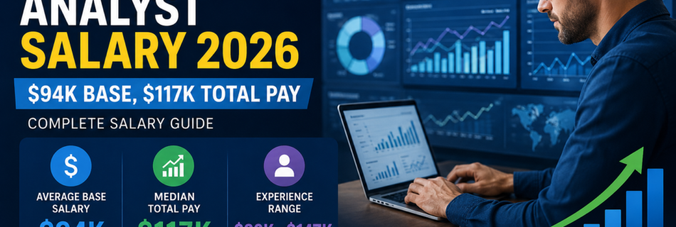 Business Intelligence Analyst Salary 2026 showing $94K average base salary and $117K median total pay with analytics dashboard.
