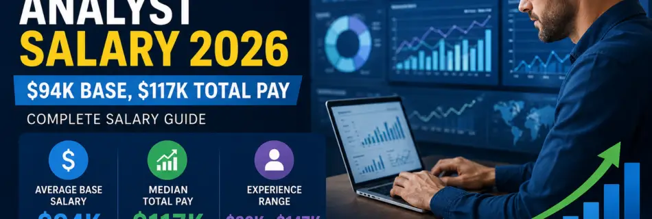 Business Intelligence Analyst Salary 2026 showing $94K average base salary and $117K median total pay with analytics dashboard.