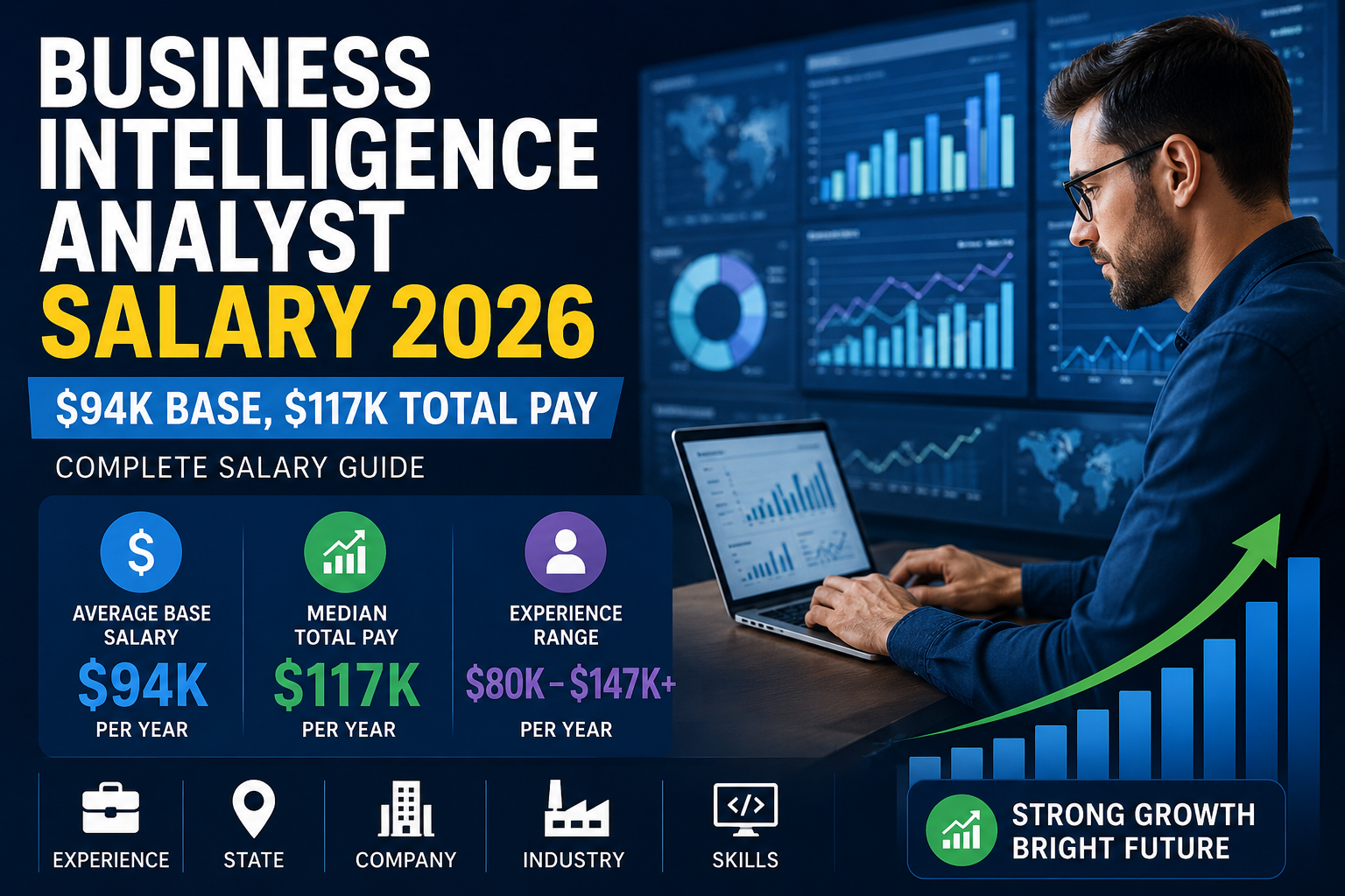 Business Intelligence Analyst Salary 2026 showing $94K average base salary and $117K median total pay with analytics dashboard.