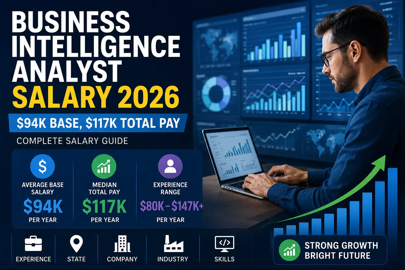 Business Intelligence Analyst Salary 2026 showing $94K average base salary and $117K median total pay with analytics dashboard.