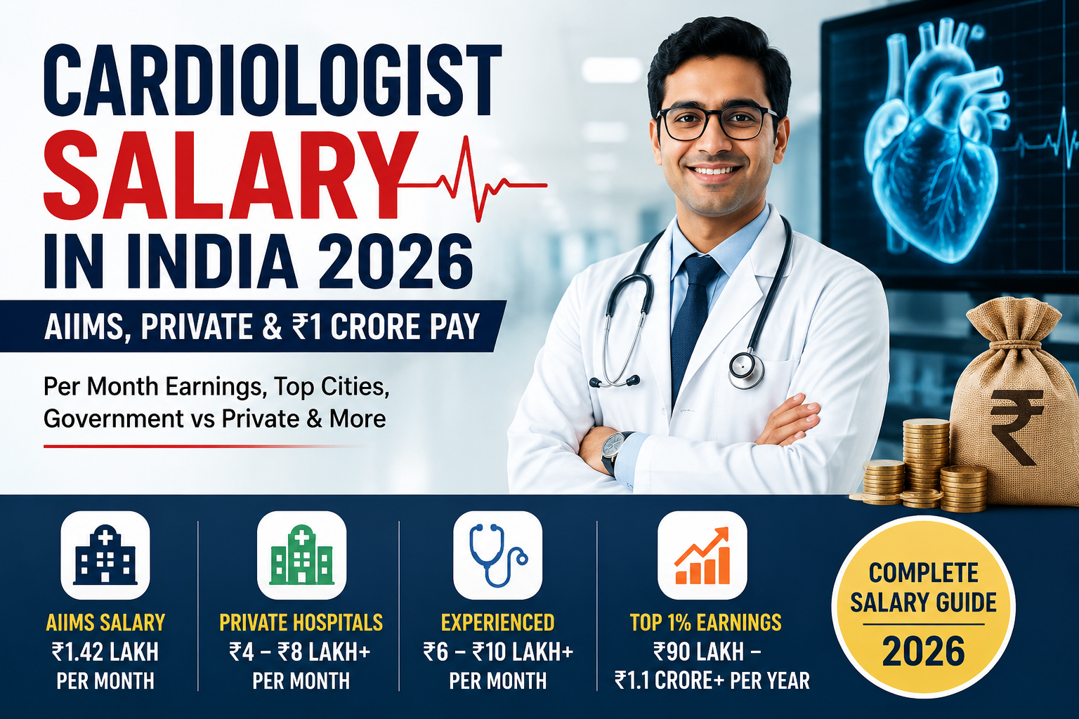 Cardiologist salary in India 2026 showing AIIMS salary, private hospital earnings, and ₹1 crore income potential