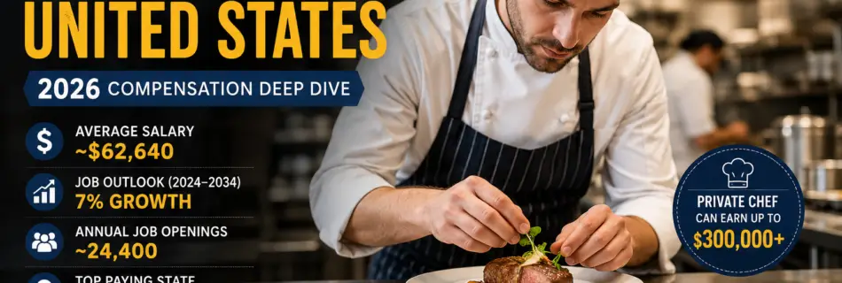 Chef salary in the US 2026 showing average pay, executive chef, sous chef, private chef salaries, and career outlook