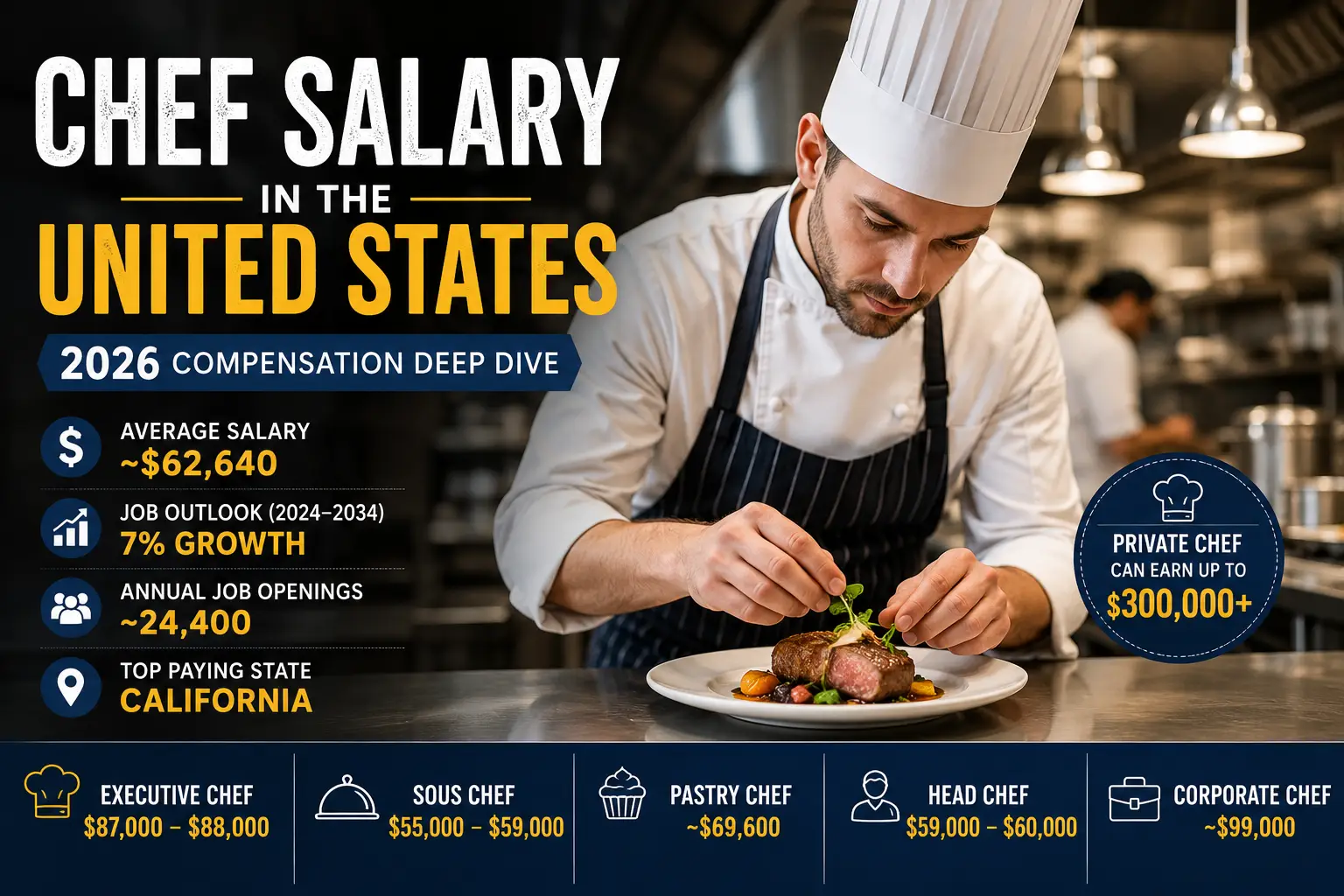 Chef salary in the US 2026 showing average pay, executive chef, sous chef, private chef salaries, and career outlook