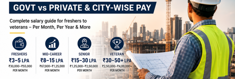 Civil engineering salary in India 2026 showing fresher, mid-career, senior and veteran pay with government vs private and city-wise salary comparison.