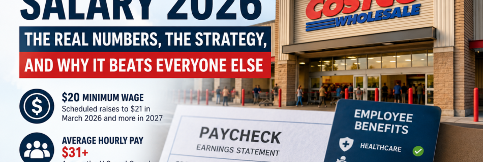 Costco Salary 2026 feature image showing Costco warehouse, employee paycheck, average hourly pay, minimum wage, and benefits overview.
