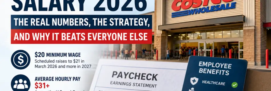 Costco Salary 2026 feature image showing Costco warehouse, employee paycheck, average hourly pay, minimum wage, and benefits overview.