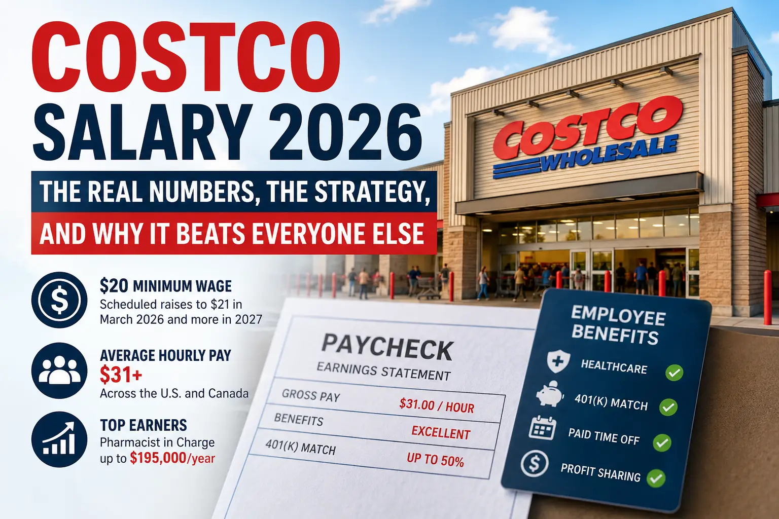 Costco Salary 2026 feature image showing Costco warehouse, employee paycheck, average hourly pay, minimum wage, and benefits overview.