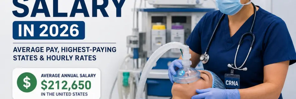 CRNA Salary in 2026 showing average annual pay, highest-paying states, hourly rates, and a certified registered nurse anesthetist caring for a patient in an operating room.