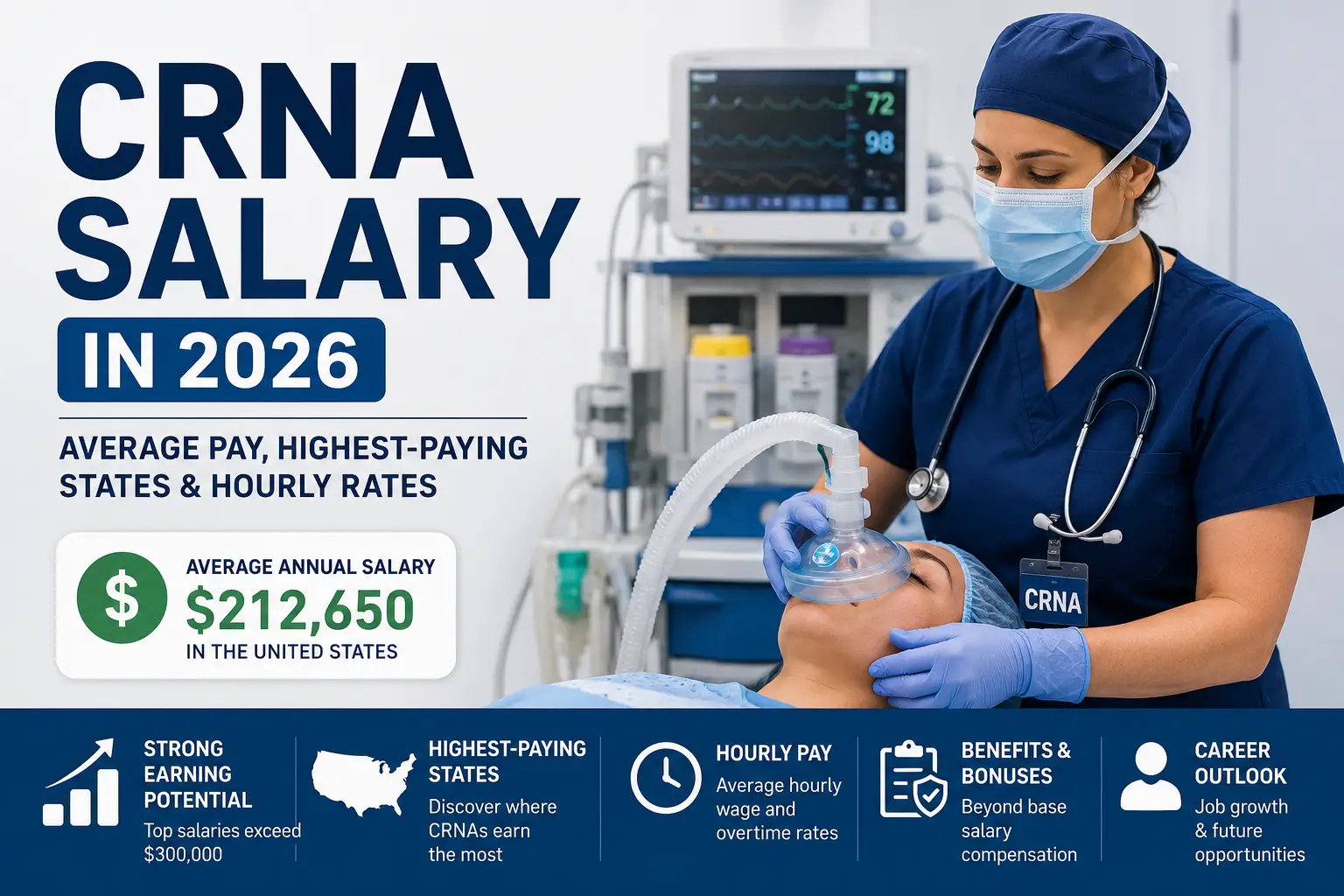 CRNA Salary in 2026 showing average annual pay, highest-paying states, hourly rates, and a certified registered nurse anesthetist caring for a patient in an operating room.