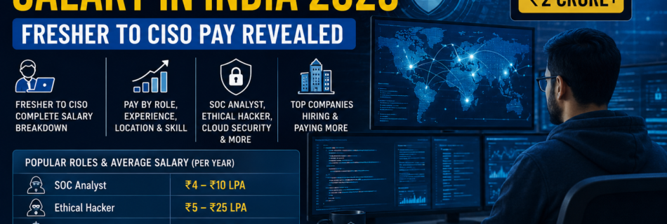 Cyber Security Salary in India 2026 showing fresher, SOC analyst, ethical hacker, cloud security engineer and CISO salary ranges.