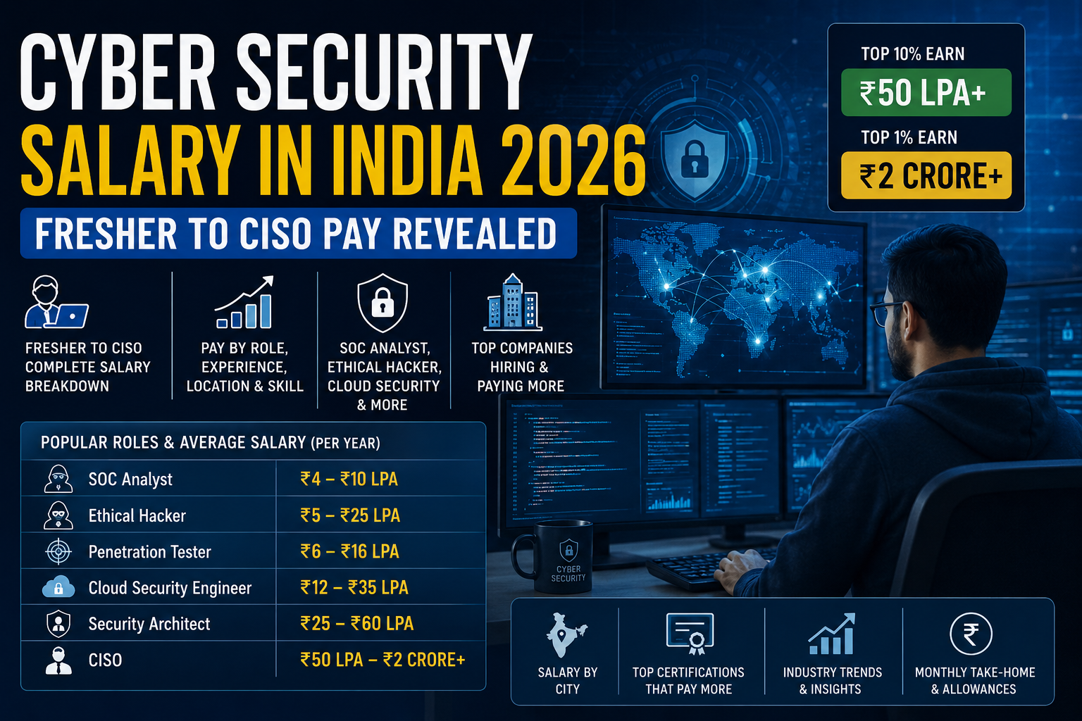 Cyber Security Salary in India 2026 showing fresher, SOC analyst, ethical hacker, cloud security engineer and CISO salary ranges.