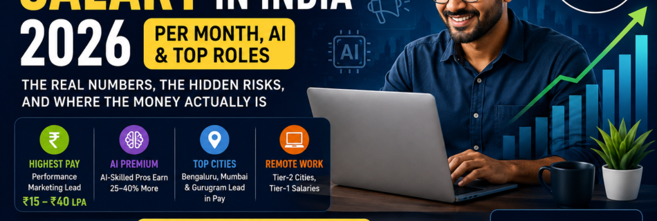 Digital Marketing Salary in India 2026 showing per month income, AI salary premium, top roles, and pay range from ₹2.5 LPA to ₹40 LPA.