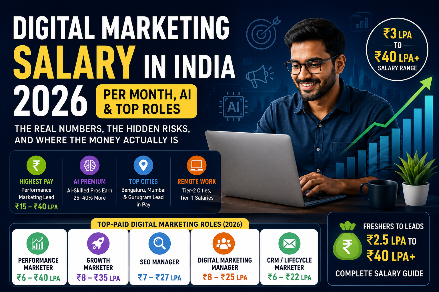 Digital Marketing Salary in India 2026 showing per month income, AI salary premium, top roles, and pay range from ₹2.5 LPA to ₹40 LPA.