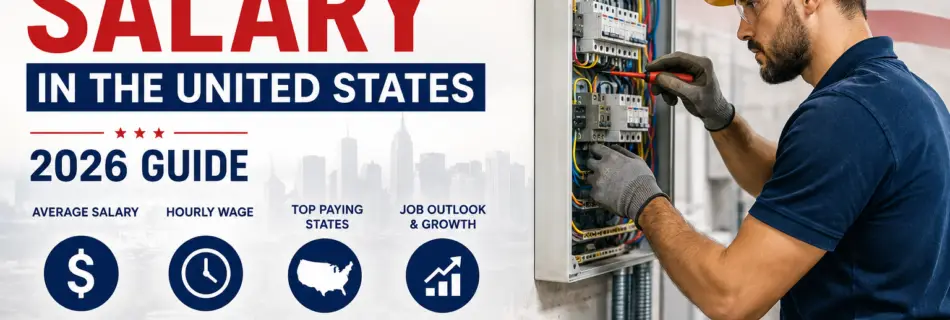 Electrician working on an electrical panel with electrician salary in the United States 2026 showing average pay, hourly wage, top-paying states, and career outlook.