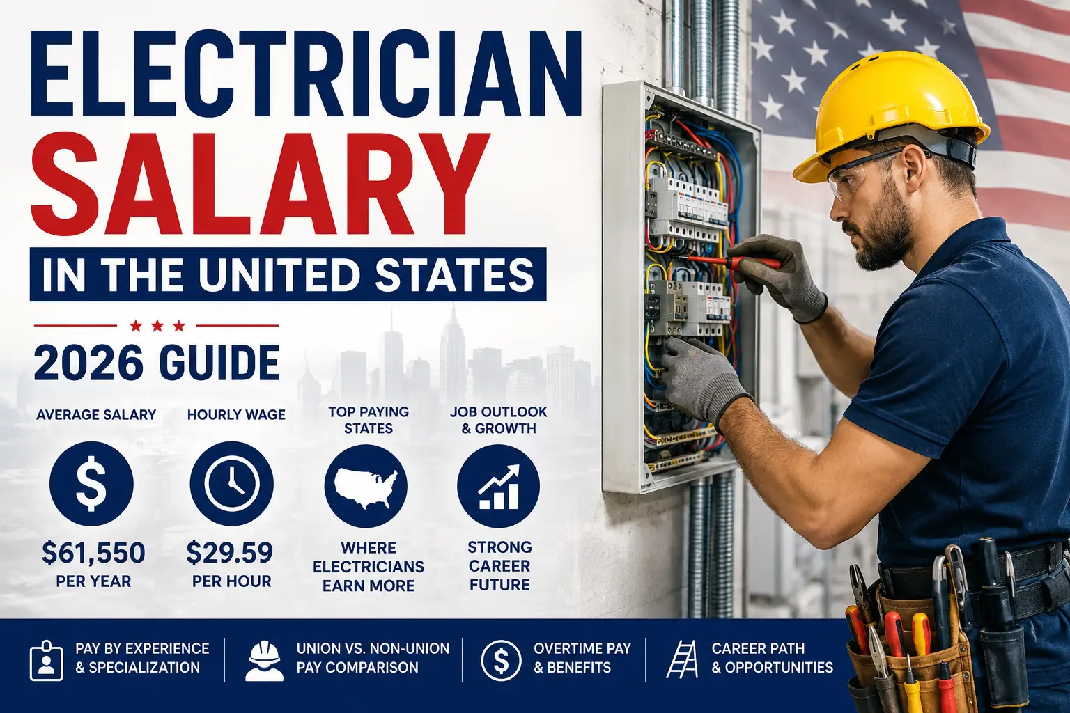 Electrician working on an electrical panel with electrician salary in the United States 2026 showing average pay, hourly wage, top-paying states, and career outlook.