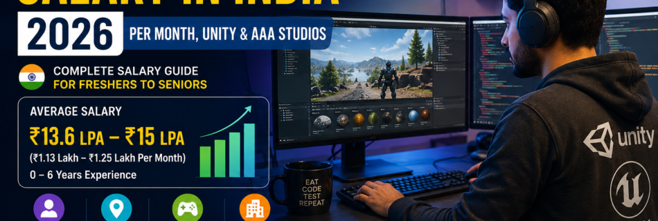 Game developer salary in India 2026 showing Unity, Unreal, AAA studios, and monthly salary trends for freshers and senior developers.