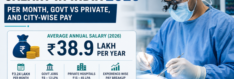 General surgeon salary in India 2026 showing per month income, government vs private hospital pay, AIIMS salary, and city-wise earnings