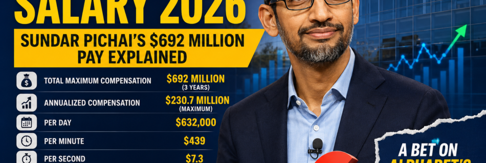 Sundar Pichai with Google branding and a breakdown of his 2026 compensation package worth up to $692 million over three years.
