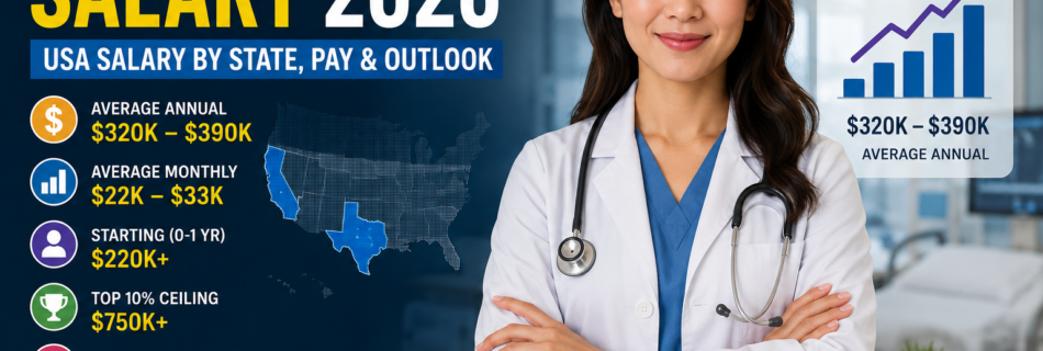 Obstetrician salary 2026 infographic showing USA salary by state, average annual pay, monthly income, and career outlook.