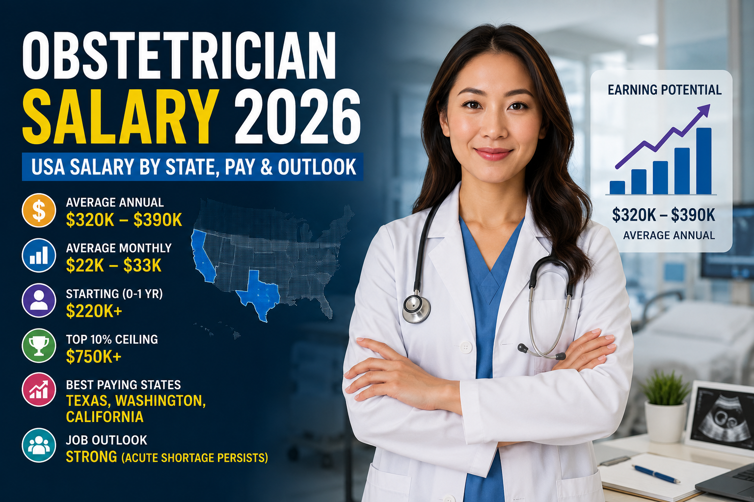 Obstetrician salary 2026 infographic showing USA salary by state, average annual pay, monthly income, and career outlook.