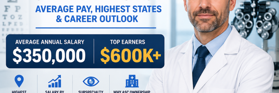 Ophthalmologist Salary in the United States 2026 showing average annual salary, top earning potential, highest-paying states, and career outlook.