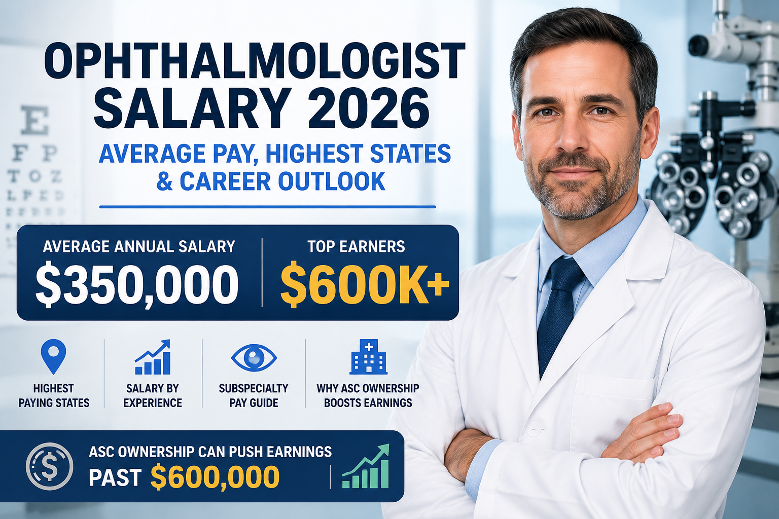 Ophthalmologist Salary in the United States 2026 showing average annual salary, top earning potential, highest-paying states, and career outlook.