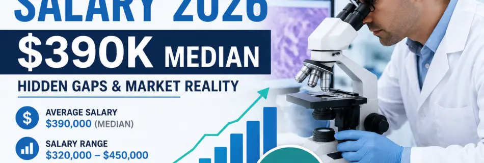 Pathologist Salary 2026 showing $390K median annual salary, salary range, and U.S. pay analysis