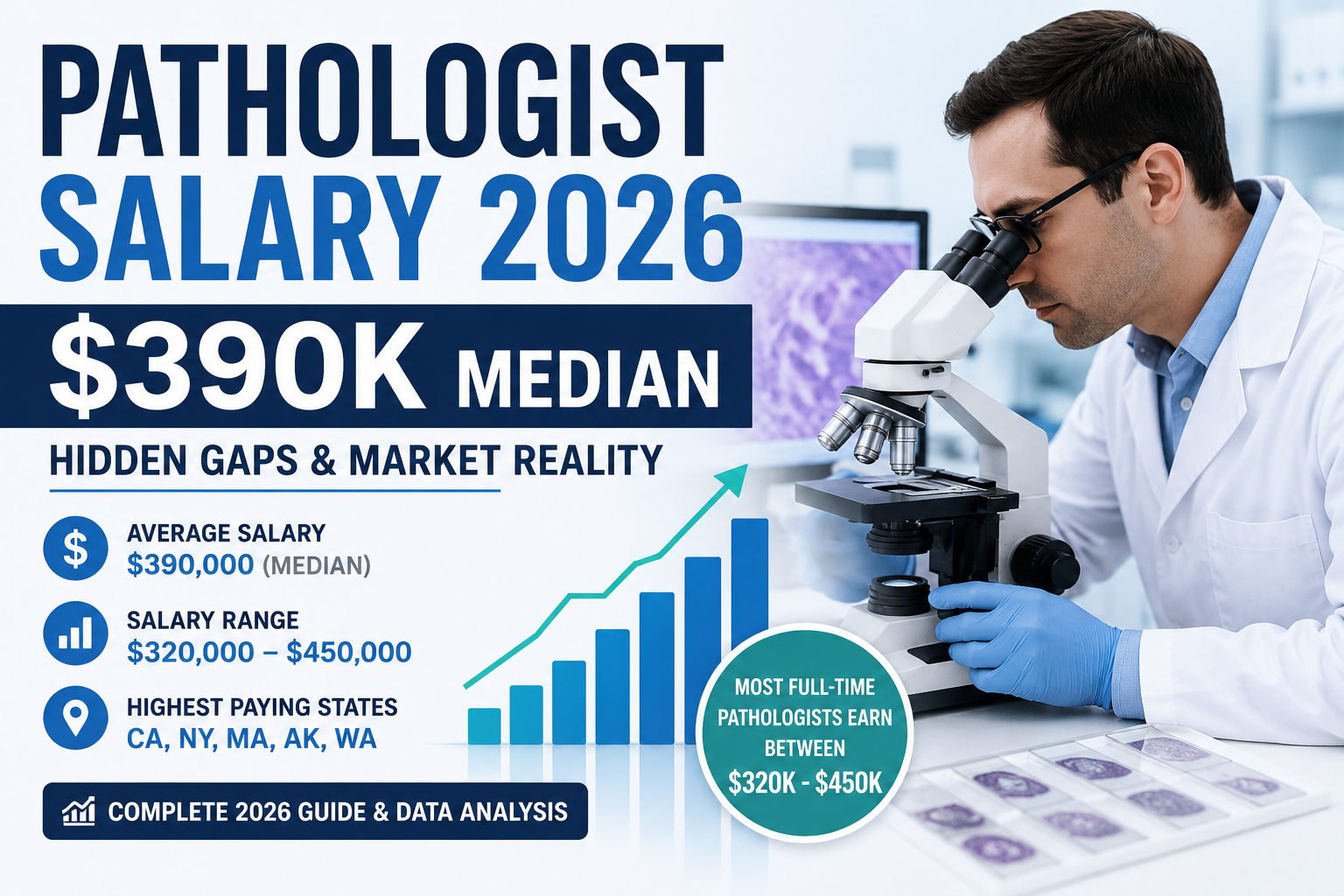 Pathologist Salary 2026 showing $390K median annual salary, salary range, and U.S. pay analysis