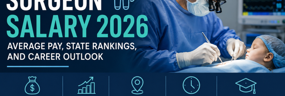 Pediatric surgeon performing surgery with 2026 U.S. salary statistics, average pay, highest-paying states, hourly wage, and career outlook.